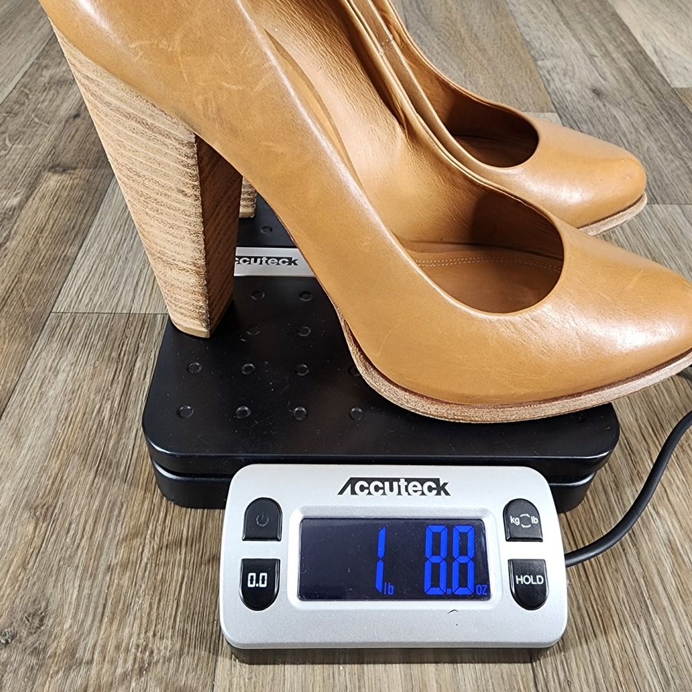 CELINE PARIS Women's Size 39.5 Tan Leather Chunky Heel Pumps Made in Italy - Picture 11 of 11